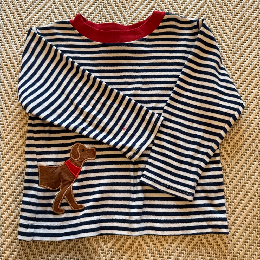 Striped Navy and White Shirt with Red Accents and Dog Appliqué
